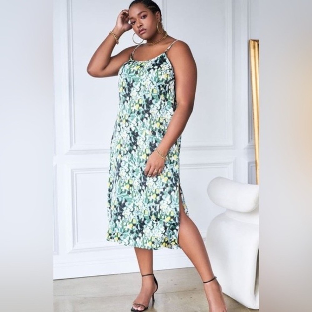 Eloquii Satin Slip Dress Midi Length with Slits | Size: 14